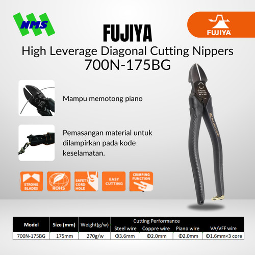 FUJIYA 700N-175BG High Leverage Diagonal Cutting Nipper Kurokin Japan