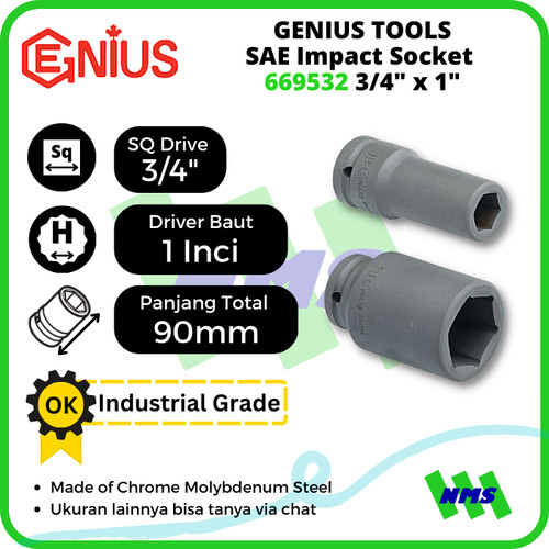 Kunci Shock GENIUS 669532 SAE Deep Impact Socket 3/4 inci 1 inci 90mm