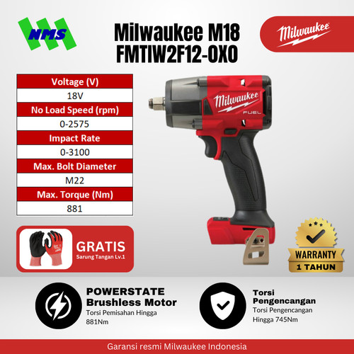 Milwaukee 1/2" M18 FMTIW2F12-0X0 FUEL™ Mid Torque Impact Wrench Mesin Pembuka Baut