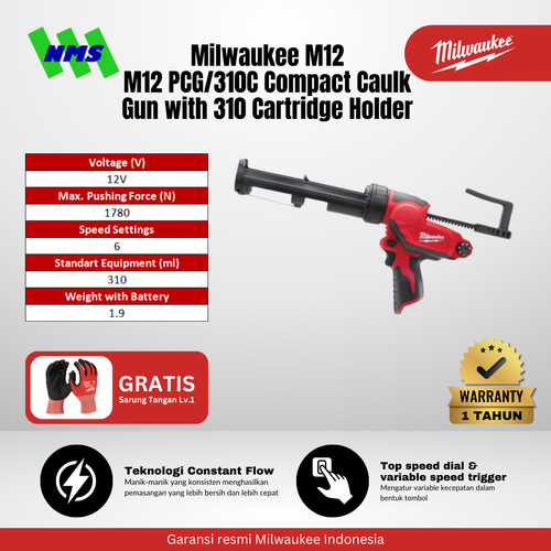 Tembakan Sealant Milwaukee M12™ PCG/310C Compact Caulk Gun with 310 Cartridge Holder Alat Pasang Lem Kaca