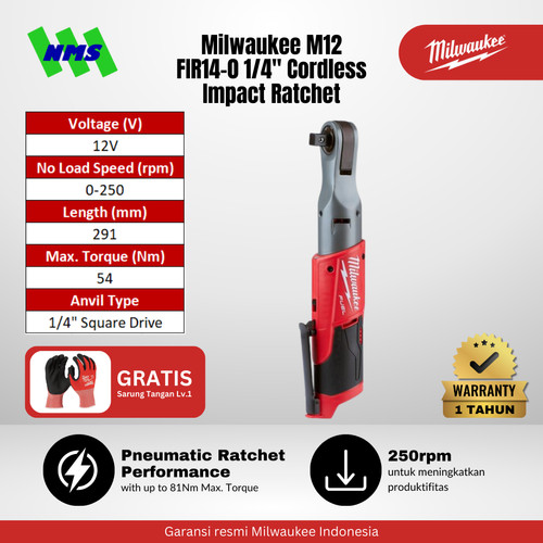 Milwaukee M12 FIR14-0 FUEL 1/4" Compact Angle Impact Ratchet 12V Mesin Pembuka Baut