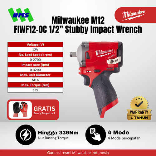 Milwauke M12 FIWF12-0C FUEL 1/2" Stubby Impact Wrench & Carrying Case Mesin Pembuka Baut