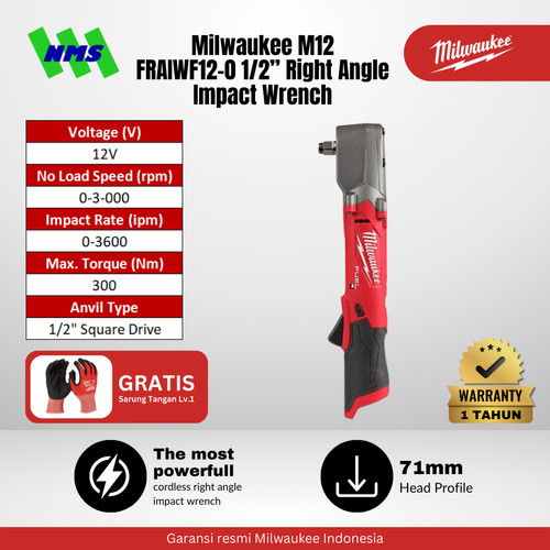 Milwaukee M12 FRAIWF12-0 FUEL 1/2" Cordless Right Angle Impact Wrench