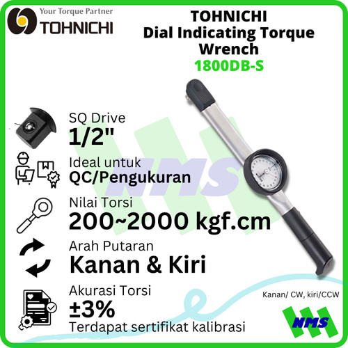 Kunci Torsi DB2000M-S 200-2000 Kgf.cm 1/2" TOHNICHI Dial Indicating Torque Wrench (Sebelumnya 1800DB-S)