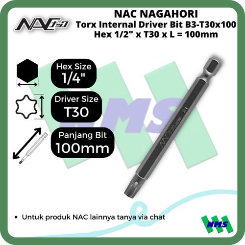 Torx Internal Driver Bit SQ1/4 x T30 x L 100mm Nagahori NAC B3-T30x100