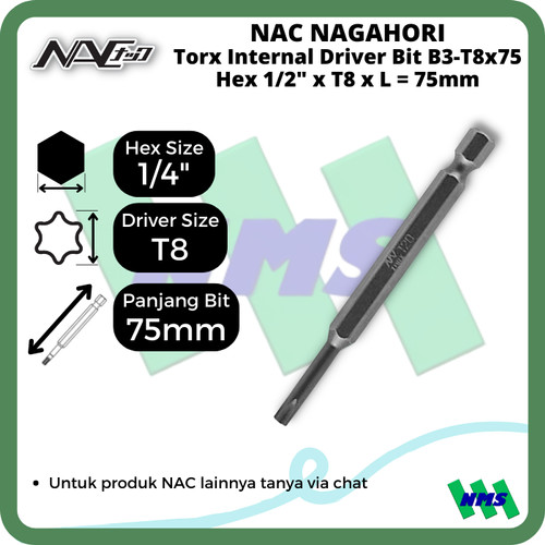 Torx Internal Driver Bit SQ1/4 x T8 x L 75mm Nagahori NAC B3-T8x75