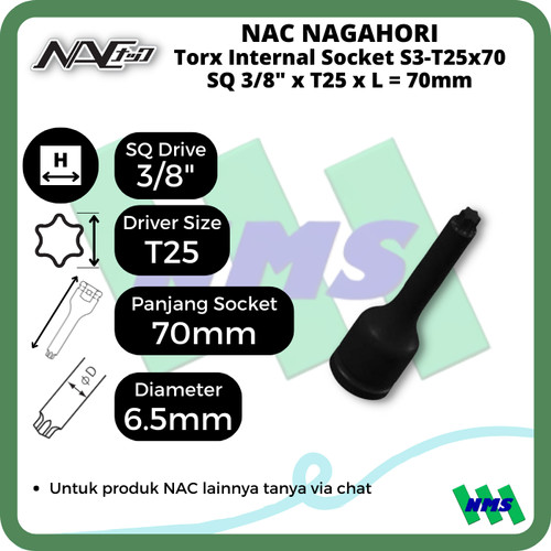 Torx Internal Socket SQ3/8 x T25 x L 70mm Nagahori NAC S3-T25x70