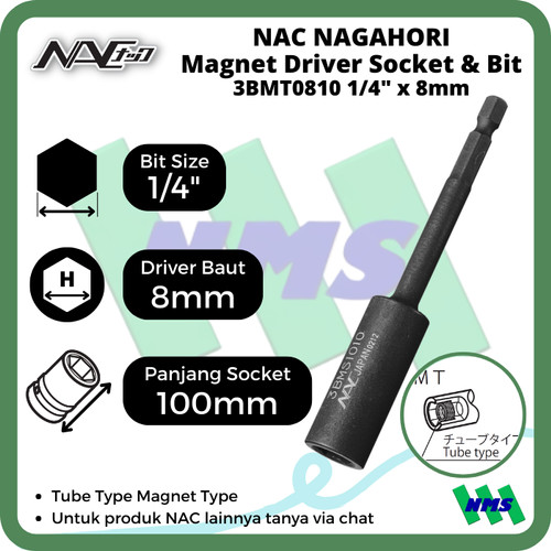 Driver Socket Magnet 8mm x L100mm Nagahori NAC 3BMT0810