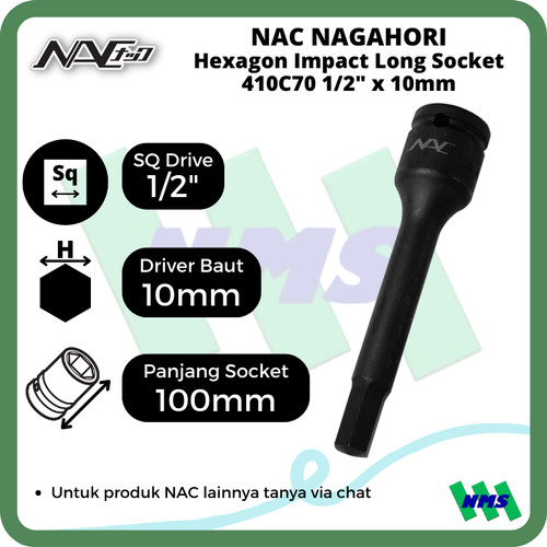 Impact Socket Long Mata Sok Hitam 1/2 x 10mm Nagahori NAC 410C70