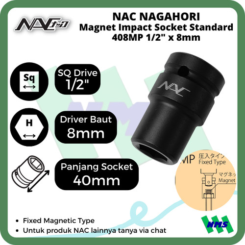 Impact Socket Standart Mata Sok Hitam 1/2 x 8mm Nagahori NAC 408MP