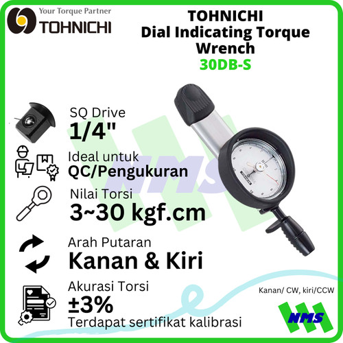 TOHNICHI 30DB-S Dial Indicating Torque Wrench 3-30Kgfcm 1/4"