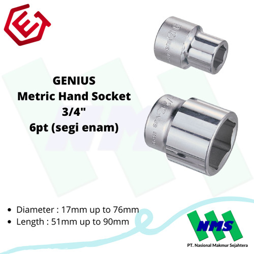 GENIUS Metric Hand Socket 3/4" 6pt (segi enam) Kunci Shock Sok