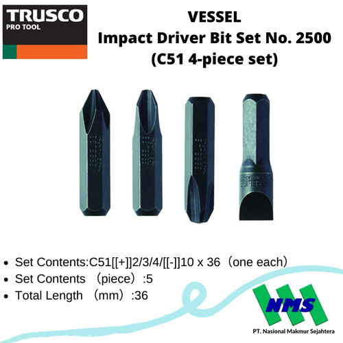 TRUSCO 124-5911 VESSEL Impact Driver Bit Set No 2500 (C51 4-piece set)