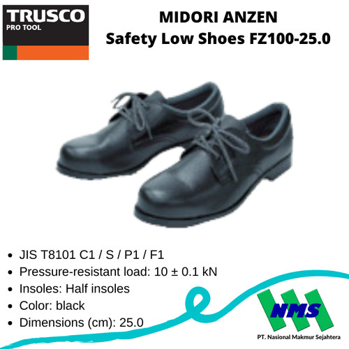 TRUSCO 489-9466 MIDORI ANZEN Safety Low Shoes FZ100-25.0 Sepatu Safety