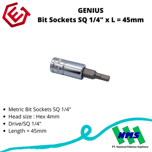 GENIUS Bit Sockets SQ 1/4" x L = 45mm Hex 4mm