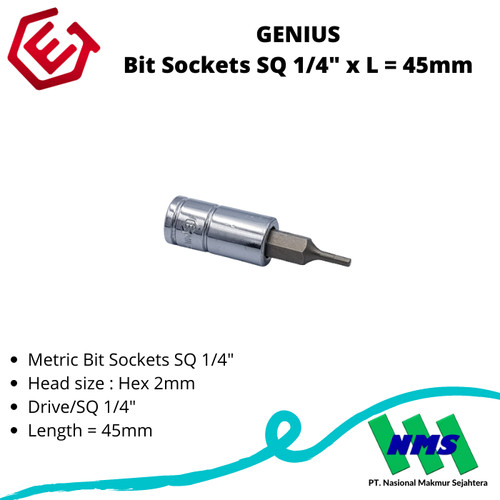 GENIUS Bit Sockets SQ 1/4" x L = 45mm Hex 2mm