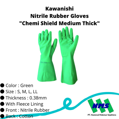 434-2496 Kawanishi Nitrile Rubber Gloves Chemi Shield Medium Thick