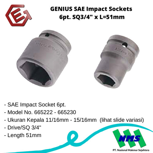 GENIUS SAE Impact Sockets 6pt. SQ3/4" x L=51mm