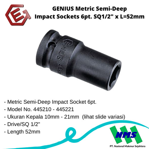 GENIUS Metric Semi-Deep Impact Sockets 6pt. SQ1/2" x L=52mm