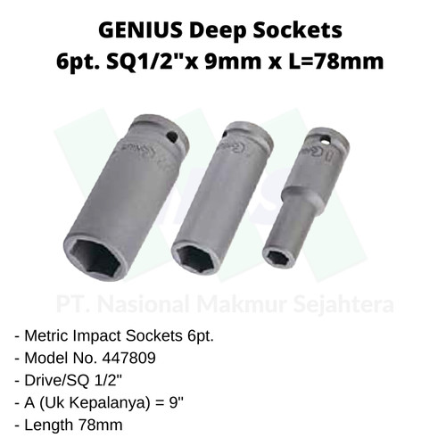 GENIUS Metric Deep Impact Sockets 6pt. SQ1/2" x L=78mm