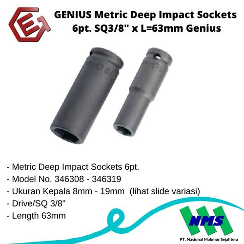 GENIUS Metric Deep Impact Sockets 6pt. SQ3/8" x L=63mm Genius