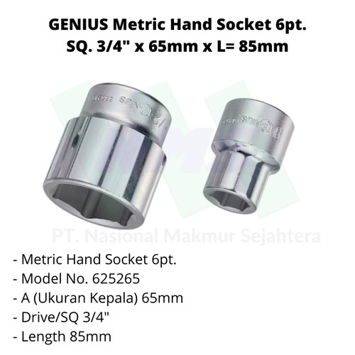 GENIUS Metric Hand Socket 6pt. SQ. 3/4" x 65mm x L= 85mm