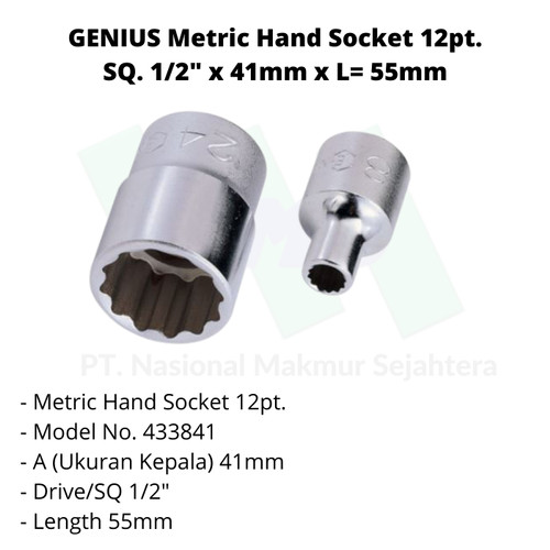 GENIUS Metric Hand Socket 12pt. SQ. 1/2" x 41mm x L= 55mm