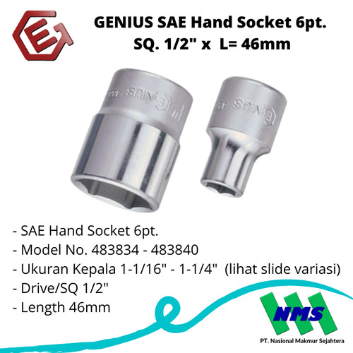 GENIUS SAE Hand Socket 6pt. SQ. 1/2" x L= 46mm