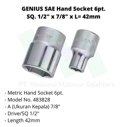 GENIUS SAE Hand Socket 6pt. SQ. 1/2" x 7/8" x L= 42mm