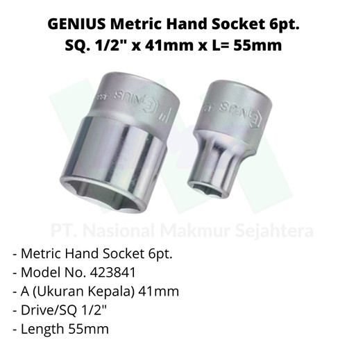 GENIUS Metric Hand Socket 6pt. SQ. 1/2" x 41mm x L= 55mm