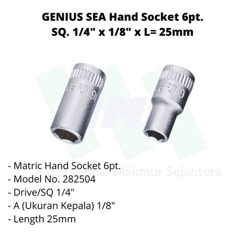 GENIUS SEA Hand Socket 6pt. SQ. 1/4" x L= 25mm