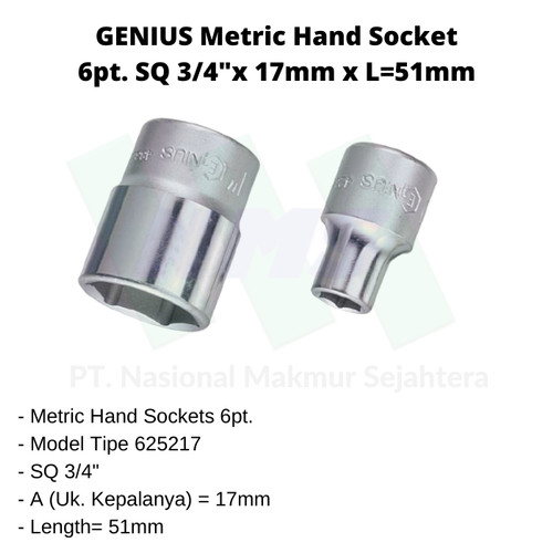 Metric Hand Socket 6pt. SQ 3/4"x 17mm x L=51mm Genius