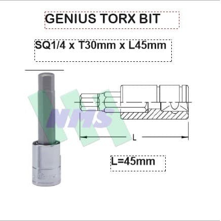 Torx Bit SQ1/4" x T30mm x L45mm Genius Tools ( Kunci Sepeda )