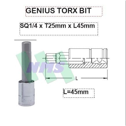 Torx Bit SQ1/4" x T25mm x L45mm Genius Tools ( Kunci Sepeda )