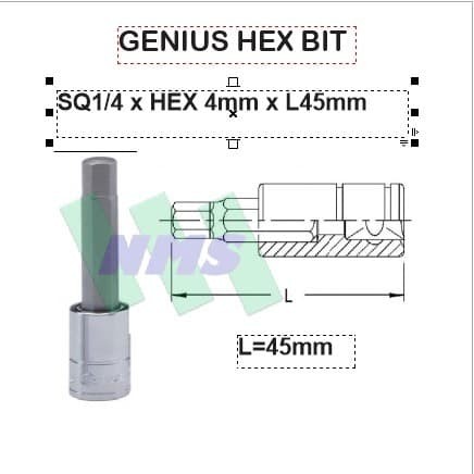 Hex Bit SQ1/4" x4mm x L45mm Genius Tools ( Kunci Sepeda / Bike Tool )