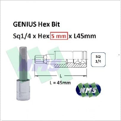 Hex bit SQ1/4" x5mm x L45mm Genius Tools ( Kunci Sepeda / Bike Tools )