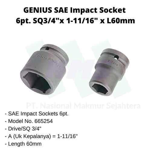 SAE Socket 6pt. SQ3/4" x 1-11/16"x L60mm Genius Tools (Impact Socket)