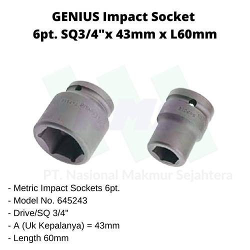 Sockets 6pt. SQ3/4"x 43mm x L60mm Genius Tools ( Impact Socket )