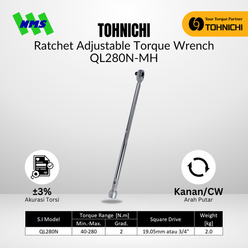 Kunci Torsi QL280N-MH 3/4" 40 -280 Nm TOHNICHI Torque Wrench