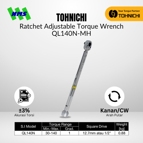 Kunci Torsi QL140N-MH 1/2" 30 -140 Nm TOHNICHI Torque Wrench