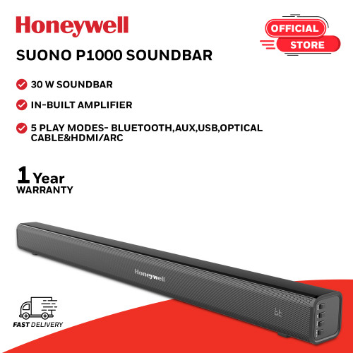 Honeywell Suono P1000 30W Wireless Bluetooth V5.0 Soundbar with Built-in Amplifier, Deep Bass, Premium 2.0 Channel Sound, 52mm*2 Drivers, Multiple Connectivity via Audio Jack, USB, Optical & HDMI/ARC