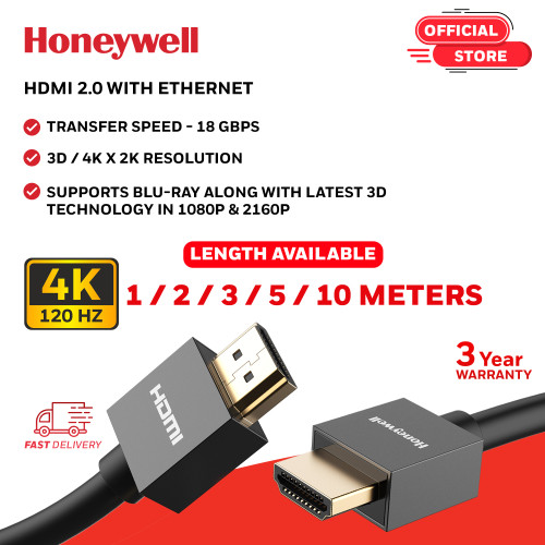 Honeywell HDMI Cable v2.0 with Ethernet, 3D/4K@60Hz Ultra HD Resolution, 1/2/3 & 5 Meters, 18 GBPS Transmission Speed, High Speed, Compatible with all HDMI Devices Laptop Desktop TV Set-top Box Gaming Console