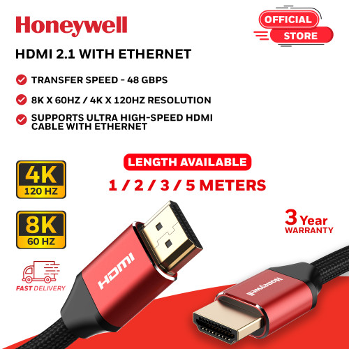 Honeywell HDMI Cable 2.1 with Ethernet, 8k@60 Hz, 4k@120Hz UHD , 1/2/3 & 5 Meter,  Dolby, eARC,3D,Male-to-Male,Compatible with all HDMI-Supported Devices