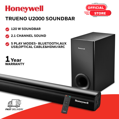 Honeywell Trueno U2000 120W Soundbar with Subwoofer, 2.1 Channel Home Theatre, 51mm*4 Drivers, Bluetooth V5.0, with Remote, 3 EQ Mode, BT, AUX, USB, Optical & HDMI-2 Years Warranty