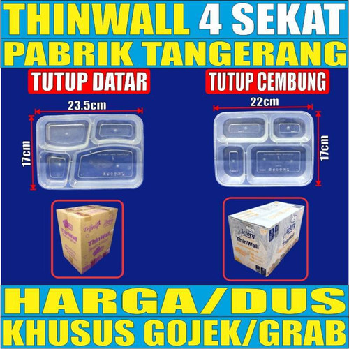 Thinwall 4Sekat Tutup Datar Atau 4 Sekat Tutup Cembung Lid Dome Per Dus Kotak Makan Bento Partisi Plastik Gjk