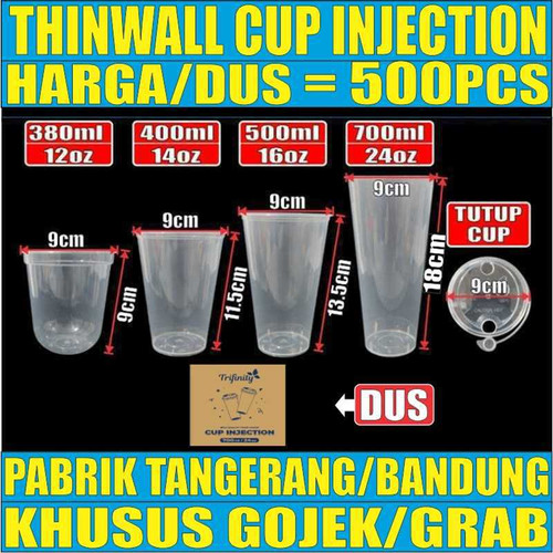 Thinwall Cup Injection Tebal 400ml 500ml 700ml n Tutup Sambung Dus Gjk