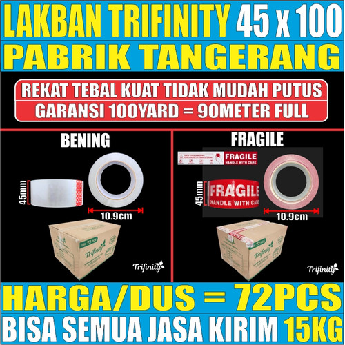 Lakban Bening Atau Lakban Fragile Trifinity Garansi 90M 45mmx100yard dus Rekat Kuat Tebal Dus Semua Ekp